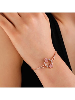Siv Ticaret 925 Ayar Gümüş Rose Pembe Çiçek Kadın Bileklik