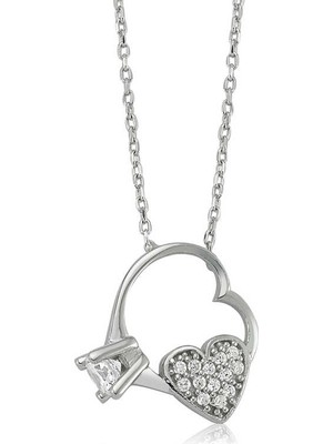 Siv Ticaret 925 Ayar Gümüş Kalp Tek Taş Kadın Gümüş Kolye