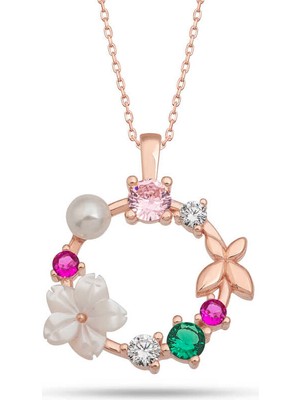 Siv Ticaret 925 Ayar Gümüş Rose Manolya Çiçeği Kelebek Kadın Kolye