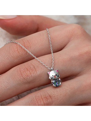 Siv Ticaret Gümüş Mistik Topaz Taşlı Sevimli Kedi Kolye