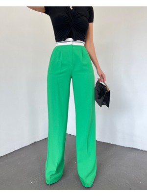 Moda Morfo Ters Kemerli Beli Cırtlı Salaş Pantolon -Yeşil