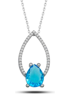 Siv Ticaret Gümüş Turkuaz Taşlı Damla Kadın Kolye