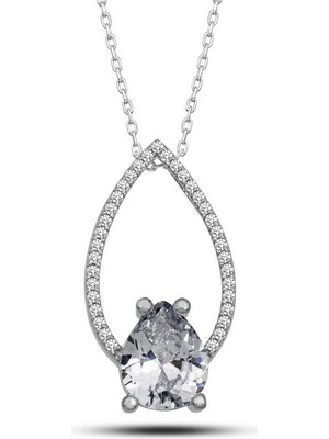 Siv Ticaret 925 Ayar Gümüş Beyaz Taşlı Damla Kadın Gümüş Kolye