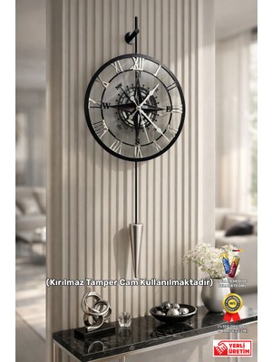 Wallover Design Vivens Pendulum Pusula Desenli Siyah/gümüş Sessiz Camlı Metal Duvar Saati - Dekoratif Duvar Saati - 33X85