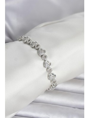 Siv Ticaret Pirinç Gümüş Renk Zirkon Taşlı Kalp Model Kadın Bileklik - Lisinya