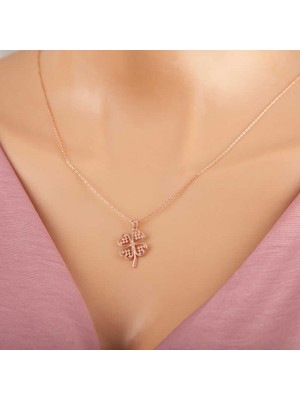 Siv Ticaret 925 Ayar Gümüş Rose Kalpli Dört Yapraklı Yonca Kadın Kolye