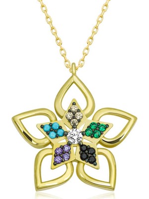 Siv Ticaret ​gümüş Gold Renkli Taşlı Çiçek Kadın Kolye