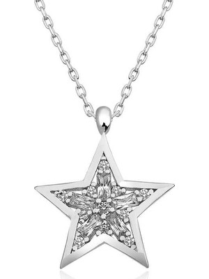 Siv Ticaret ​​925 Ayar Gümüş Baget Taşlı Yıldız Kadın Gümüş Kolye