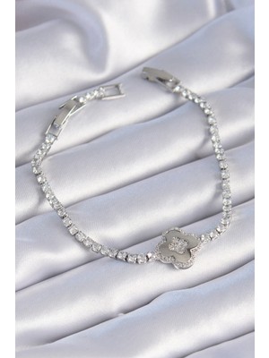 Siv Ticaret Pirinç Gümüş Renk Zirkon Taşlı Yonca Model Kadın Bileklik - Lisinya