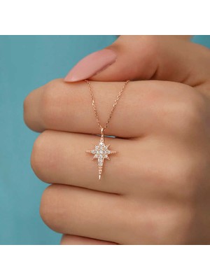 Siv Ticaret 925 Ayar Gümüş Rose Kutup Yıldızı Kadın Gümüş Kolye