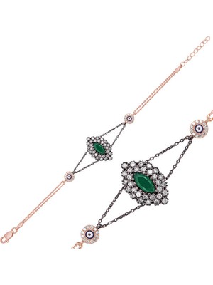 Siv Ticaret 925 Ayar Gümüş Rose Mat Yeşil Taşlı Otantik Bileklik