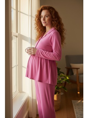 By Gamze Arman Pembe Renk Pamuk Kumaş Geniş Kalıp Pileli Hamile Lohusa Pijama Takımı