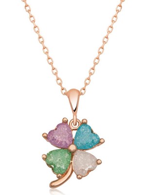 Siv Ticaret 925 Ayar Gümüş Rose Renkli Taşlı Yonca Kadın Gümüş Kolye