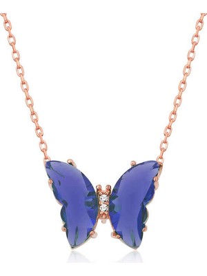 Siv Ticaret ​925 Ayar Gümüş Mavi Cam Kelebek Kadın Gümüş Kolye