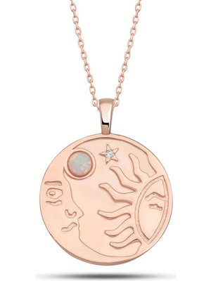 Siv Ticaret 925 Ayar Gümüş Rose Opal Beyaz Taşlı Ay Güneş Kadın Kolye