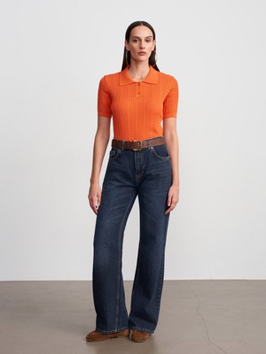 Dilvin 10781 Polo Yaka Ajurlu Triko Bluz-Oranj