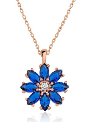 Siv Ticaret 925 Ayar Gümüş Lacivert Çiçek Kadın Gümüş Kolye