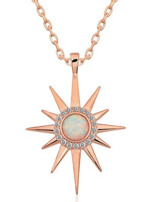 Siv Ticaret 925 Ayar ​gümüş Rose Beyaz Opal Taşlı Kutup Yıldızı Kolye