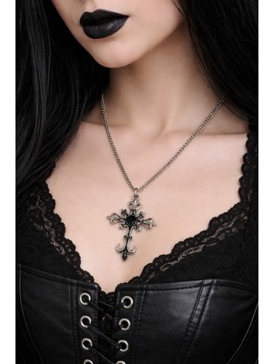 Herşey Nota Gotik Haç Kolye Siyah Detaylı Gümüş Renk Zincir Unisex Genç Yetişkin