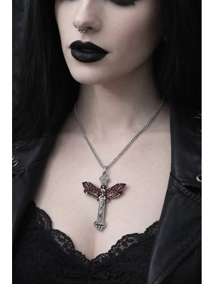 Herşey Nota Gotik Kırmızı Kanatlı Kurukafa Detaylı Haç Kolye Unisex Metal Zincir