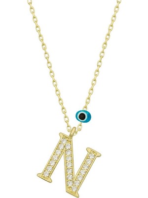 Siv Ticaret 925 Ayar Gümüş Nazar Gold N Harfi Kadın Gümüş Kolye