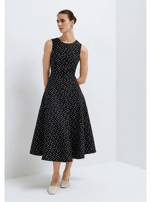 Mavi Keten Karışımlı Puantiyeli Elbise 1310877-91525