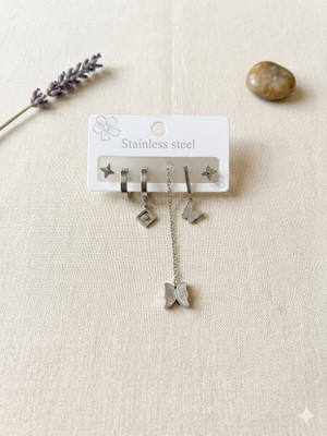 Nati Co Gümüş Renk 6'lı Çelik Küpe Kombini - Gökyüzü ve Şans Temalı Halka Küpe Seti