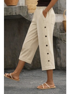 Trend Cojans Kadın Yüksel Bel Lastikli Yandan Dügme Detaylı Midi Pantolon