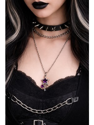 Herşey Nota Mor Yıldız Figürlü Gotik Kolye Gümüş Renk Zincir Unisex