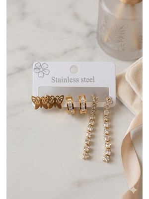 Nati Co Gold Çelik Küpe Kombini - 3 Çift Işıltılı Su Yolu ve Kelebek Tasarımlı Kararmaz Küpe