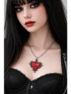Herşey Nota Kırmızı Kalp ve Haç Detaylı Gotik Kolye Unisex Metal Zincir