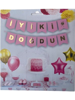 Butik Kutlama Atölyesi Altın Yaldızlı Iyi Ki Doğdun Banner Pembe