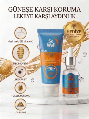 So Well Sowell Leke Karşıtı, Nemlendirici, İpek Proteinli SPF50+ Yüz Güneş Kremi 75 ml | + Hyaluronic Acid Serum Hediyeli