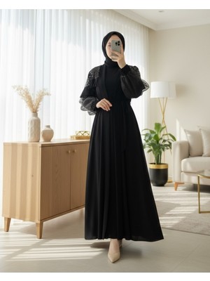Moda Morfo Omuzları Pul Payet Kolu Tül İkili Abaya -Siyah