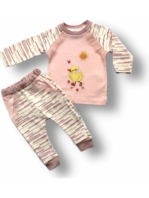 Luord-Store 0-3 3-6 6-9 Ay Süslü Ördek Nakışlı Uzun Kollu Sweatli 2li Kız Bebek Takımı Pembe