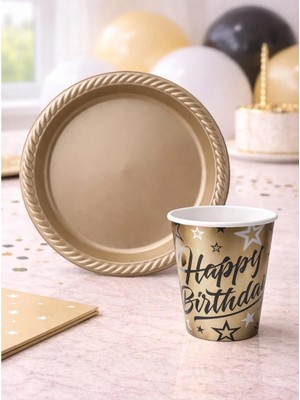 Parti Adresi Gold Plastik Tabak & Karton Bardak Seti – Doğum Günü Parti Seti 24'lü