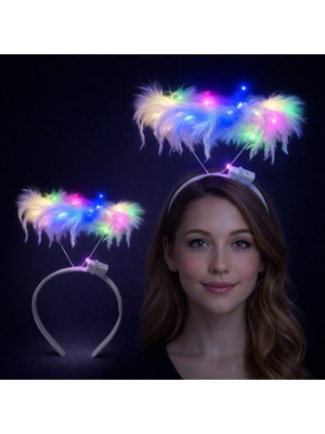Luord-Store Renkli LED Işıklı Beyaz Tüylü Püsküllü Parti Tacı