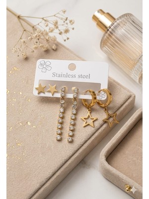 Nati Co Gold Çelik Küpe Kombini - 3 Çift Işıltılı Su Yolu ve Yıldız Tasarımlı Kararmaz Küpe