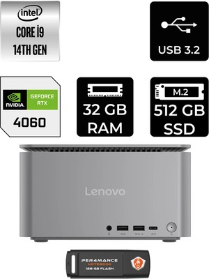 Lenovo Thinkcentre Neo Ultra Intel Core I9 14900 32GB 512GB SSD RTX4060/8GB Fdos Mini Masaüstü Bilgisayar & Per4 USB Bellek 12W1001XTRP313