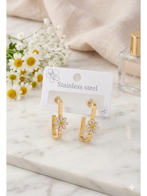 Gold Çelik Dikdörtgen Halka Papatya Figürlü Mineli Kadın Küpe