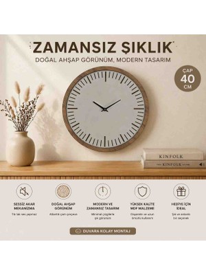 Ergeç Tasarım 40 cm Minimal Ahşap Duvar Saati Beyaz Kadran Atlantik Çam Çerçeve Sessiz Mekanizma