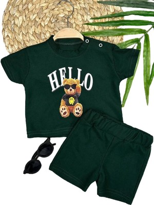 Luord-Store 9-12-18-24 Ay Hello Gözlüklü Ayıcık Baskılı Şortlu Kısa Kollu Tişört 2li Erkek Bebek Takımı