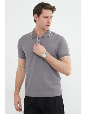 FullaModa Çizgili Yarım Fermuarlı Polo Yaka Tişört