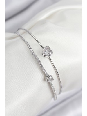 Siv Ticaret Pirinç Zirkon Taşlı Kalp Model Gümüş Renk Kadın Bileklik - Lisinya