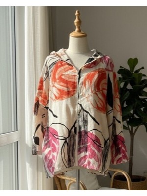 Moda Morfo Desenli Fermuarlı Sabit Kapşonlu Keten Ceket -Turuncu