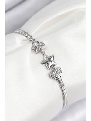 Siv Ticaret Pirinç Zirkon Taşlı Yonca Model Gümüş Renk Kadın Bileklik - Lisinya