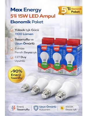 Nil Avm Max Energy 15W LED Ampul E27 Duy 6500K Beyaz Işık 1100 Lümen Tasarruflu Ampul 5 Adet