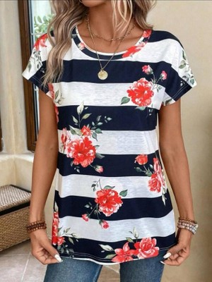 Yaman Market Kadın Gül Desenli Çizgili Süprem Tshirt