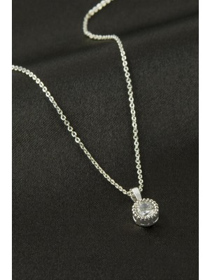 Zero Land Muratech Yuvarlak Zirkon Tek Taşlı Kolye - Gümüş Rengi