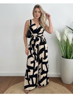 Ezel Glory Kadın Askılı Kruvaze Yakalı Belden Kuşaklı Uzun Desenli Süprem Tulum